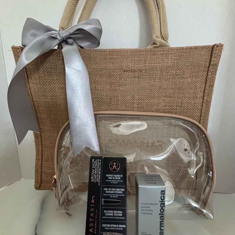 Beige Tote with Silver Bow and Clear Cosmetic Bag with travel size product